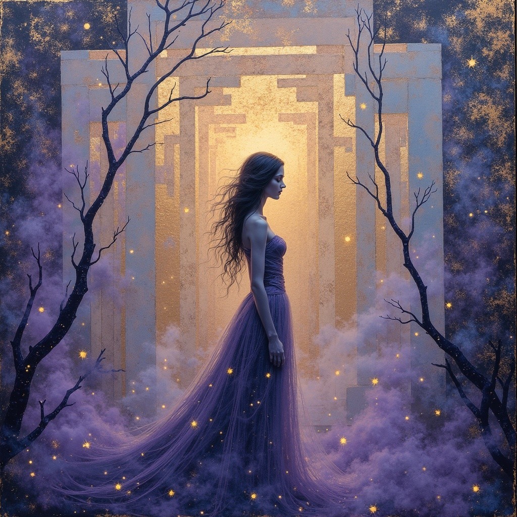 Ethereal Woman in Purple Gown Against Mystical Background