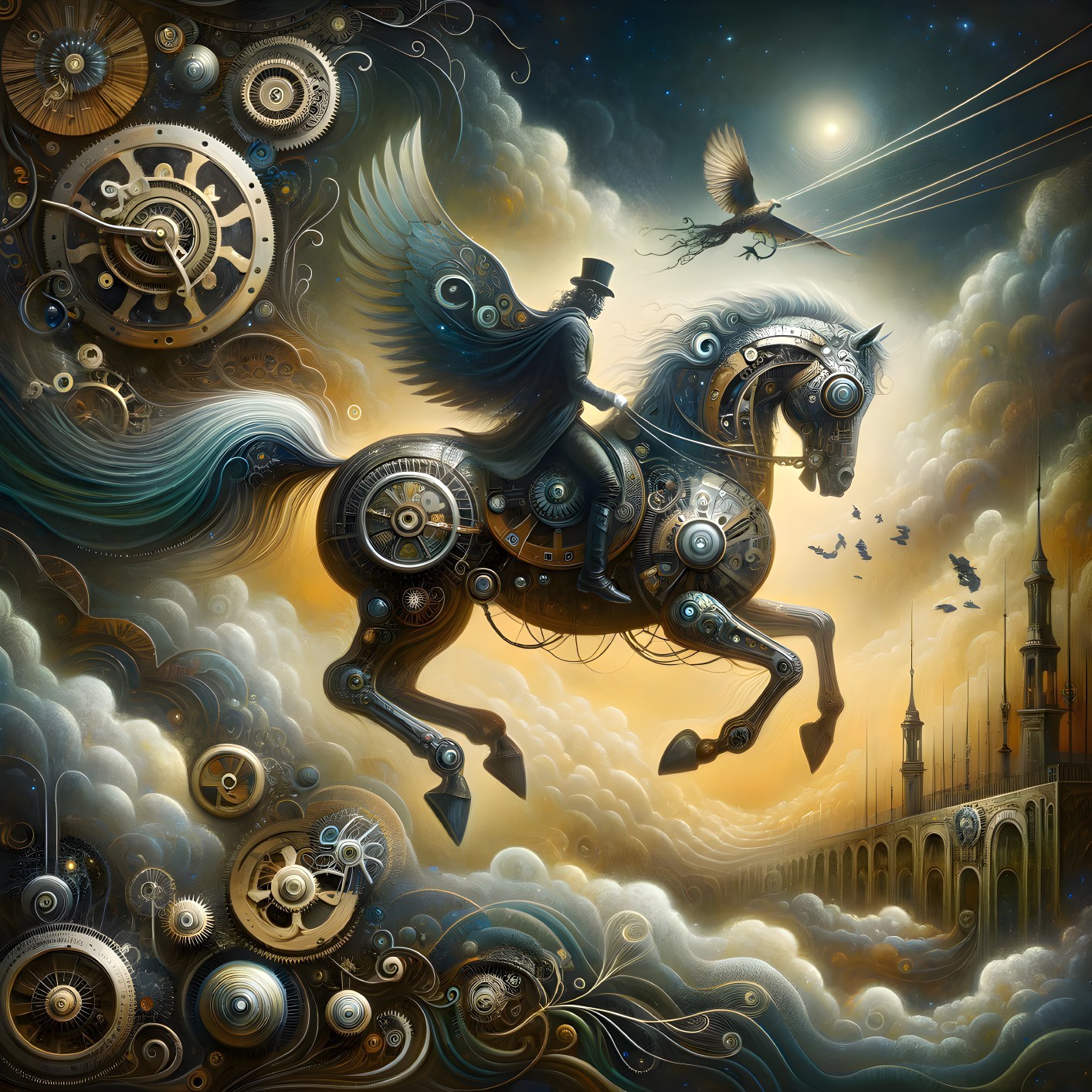 Steampunk Scene with Mechanical Horse and Dreamy Landscape