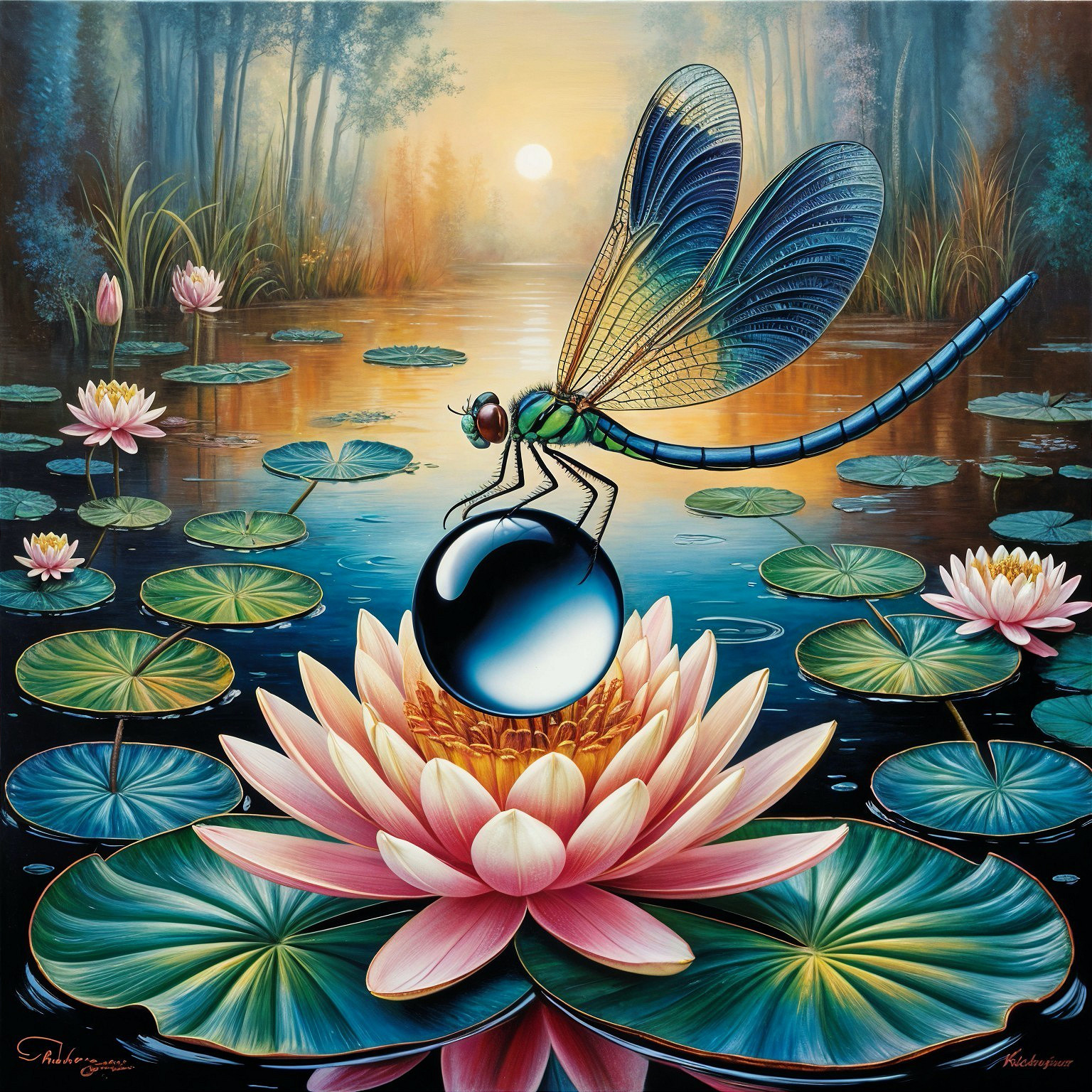 Dragonfly on Black Orb atop Pink Lotus Flower