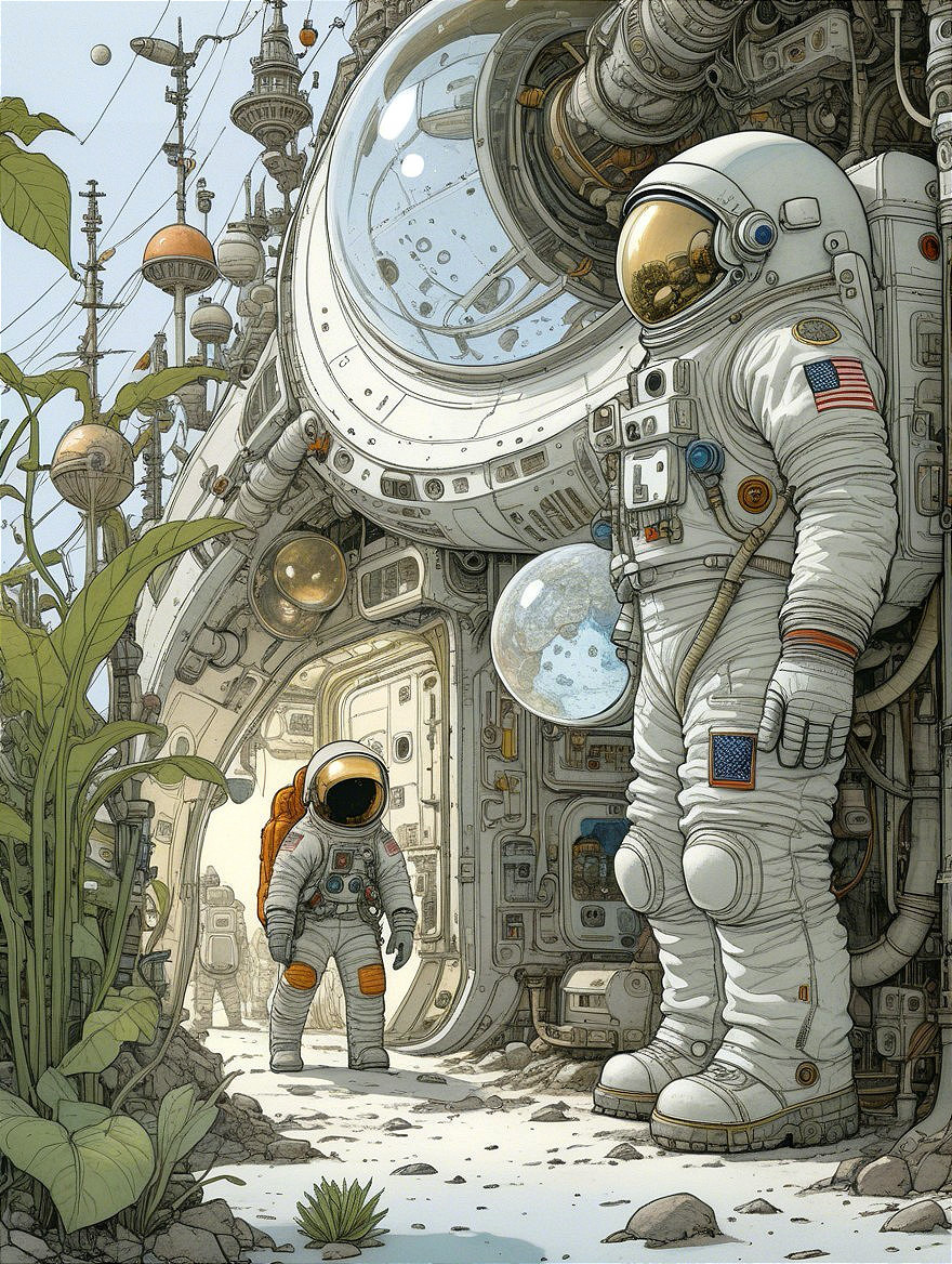 Astronauts in Futuristic Space Habitat with Nature Elements