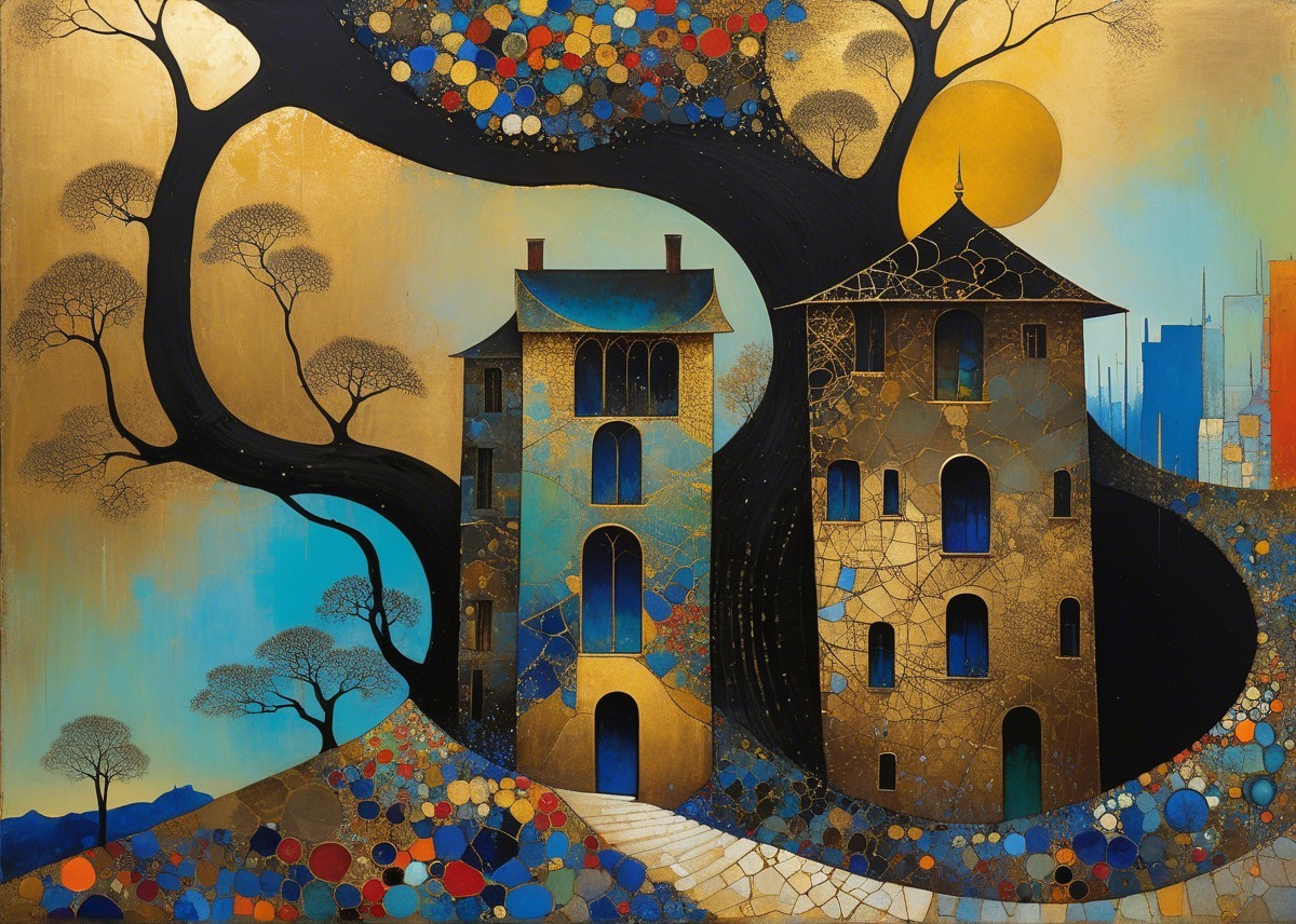 Abstract Houses Surrounded by Vibrant Nature Scene