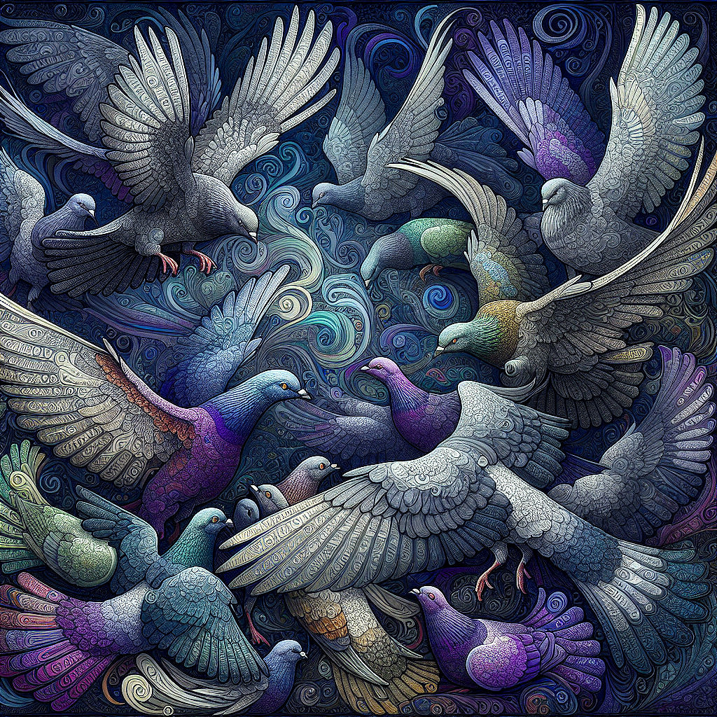 Intricate Artwork of Stylized Pigeons in Flight