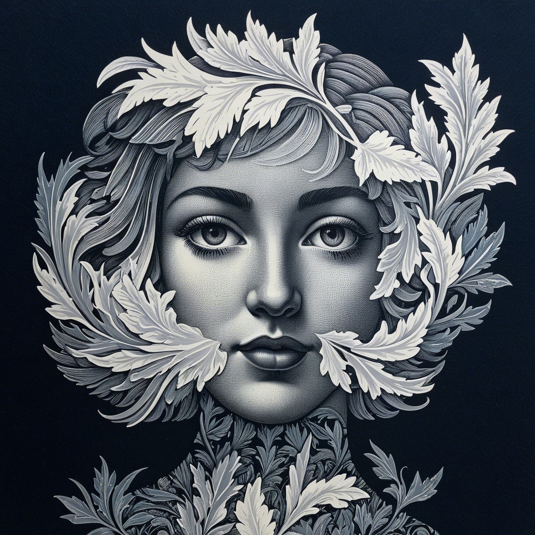 Monochromatic Botanical Portrait of a Curly-Haired Woman