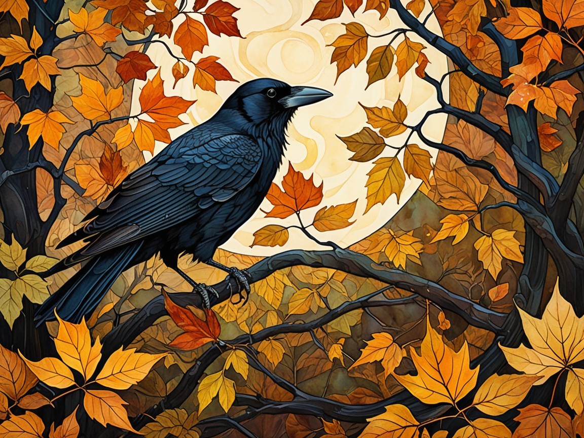 Black Raven on Branch with Autumn Leaves and Moonlight