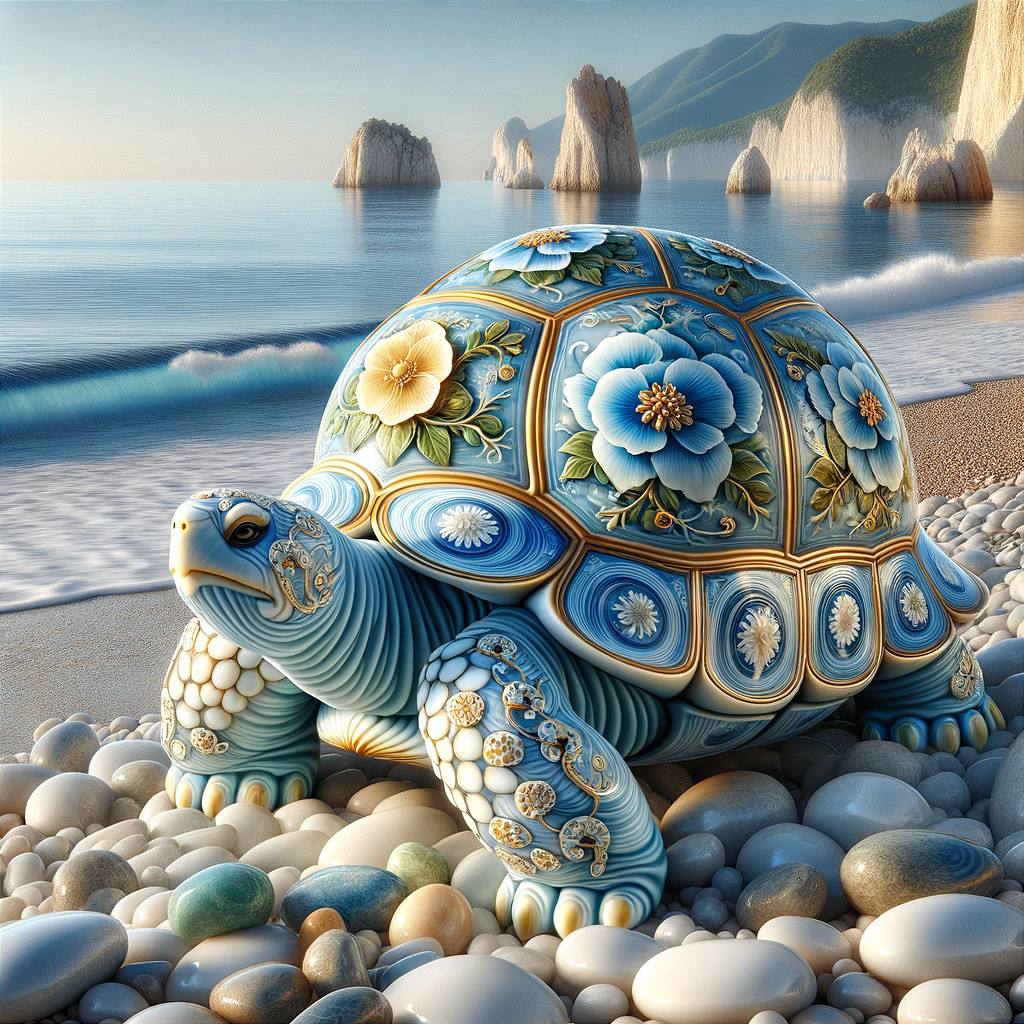 Intricately Designed Tortoise on Pebbled Beach