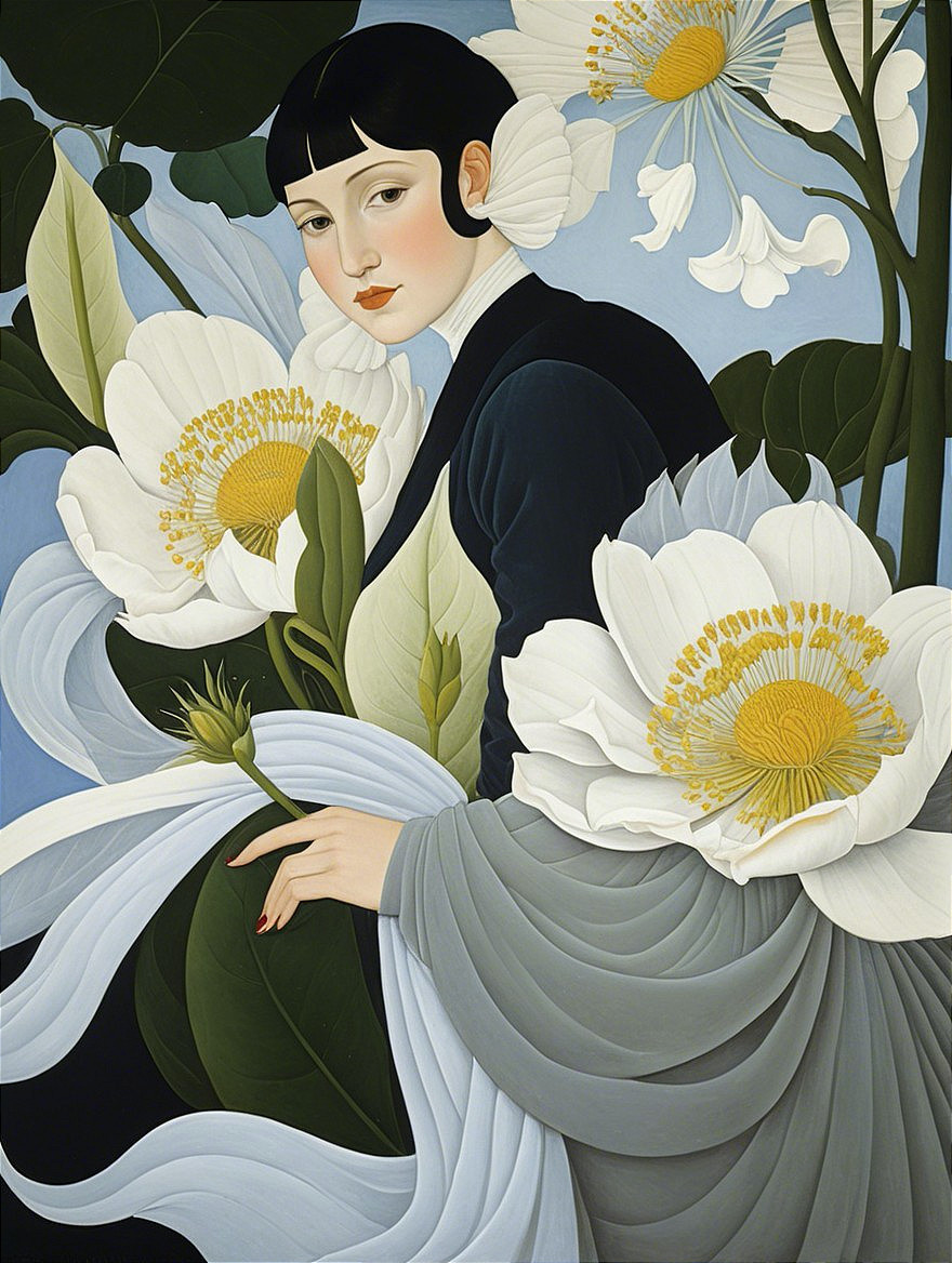 Elegant Bob Hairstyle with Flowers and Tranquil Colors