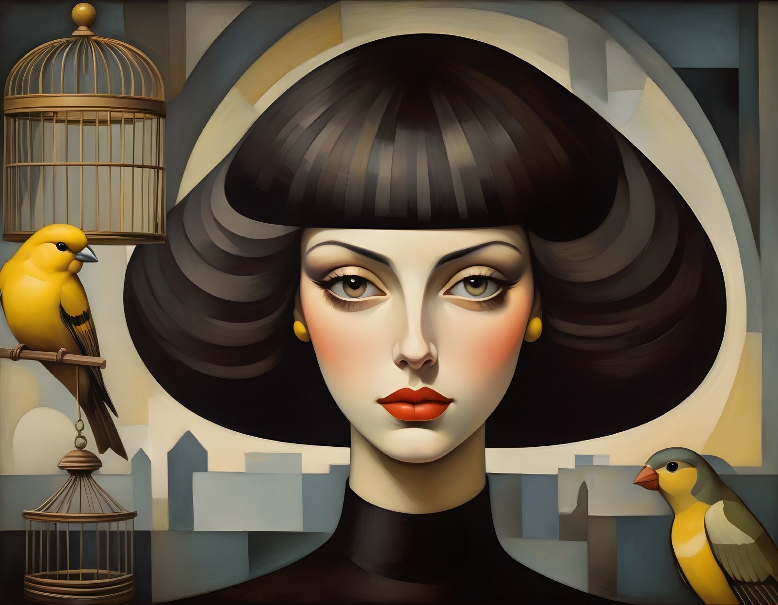 Stylized Portrait of a Woman with Birds and Geometric Background