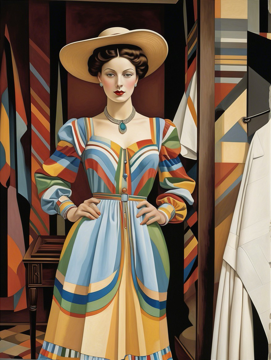 Vintage Woman in Colorful Geometric Dress and Hat