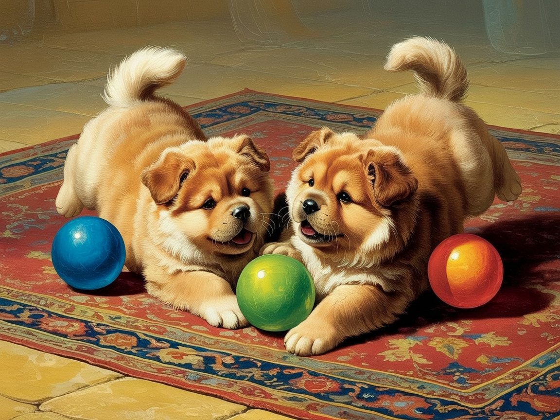 Fluffy Puppies Playing on a Colorful Rug with Balls