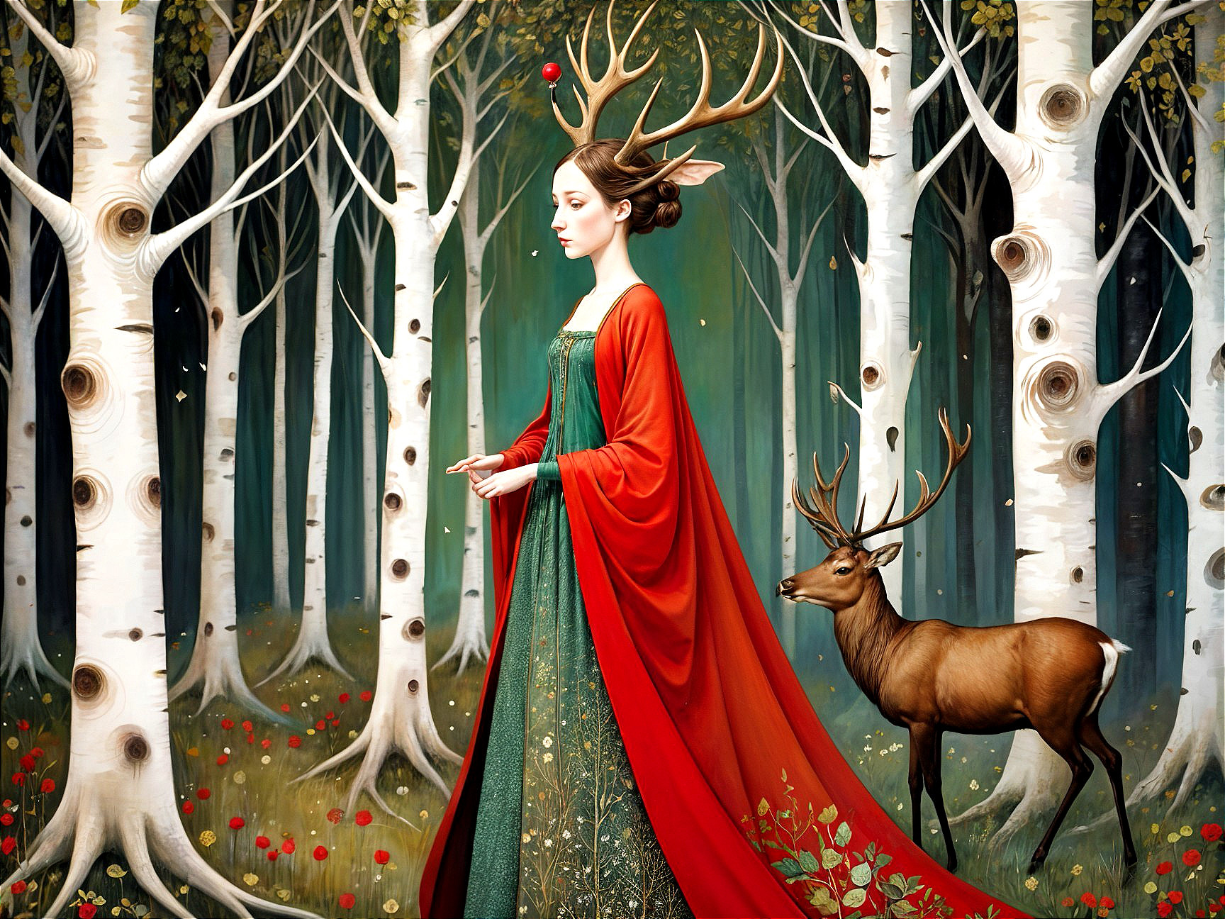 Serene figure in red cloak among birch trees and deer