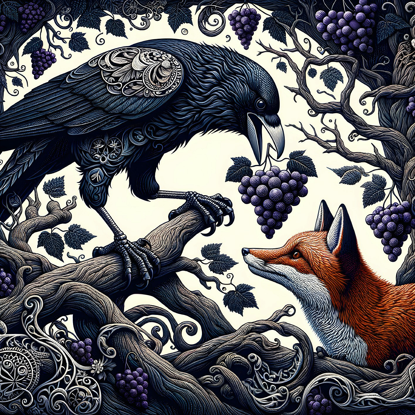 Raven and Fox Interact Among Grapes and Foliage