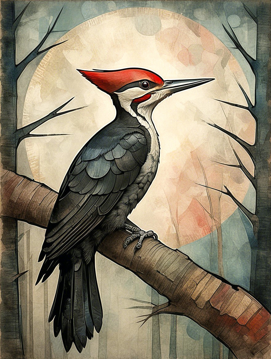 Illustration of a woodpecker on a branch with moonlight