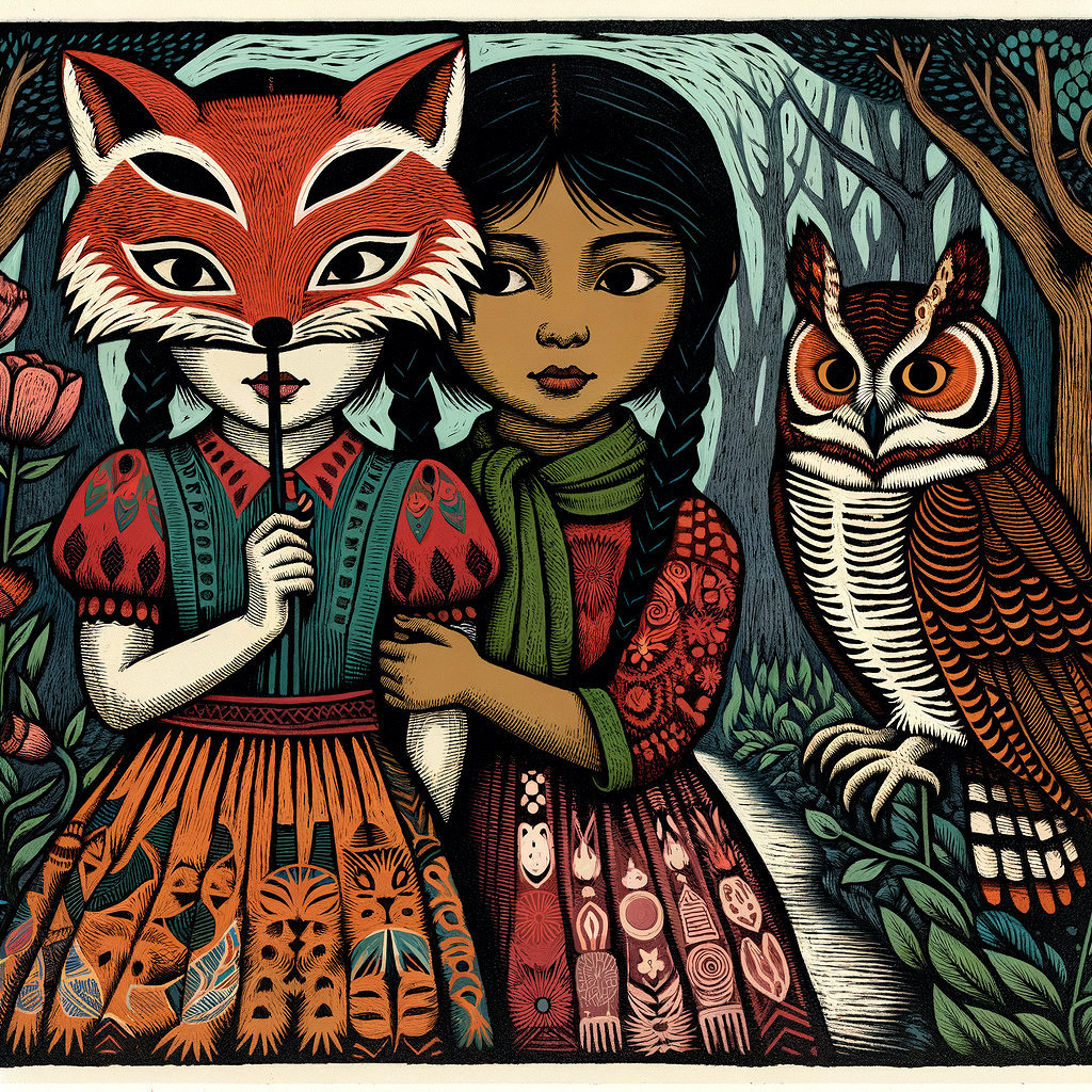 Two girls in a whimsical forest with vibrant flowers