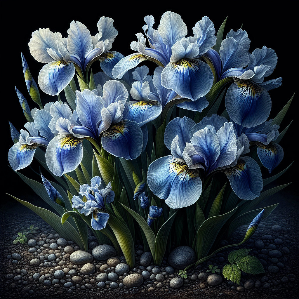 Vibrant Blue and White Irises Against Dark Background
