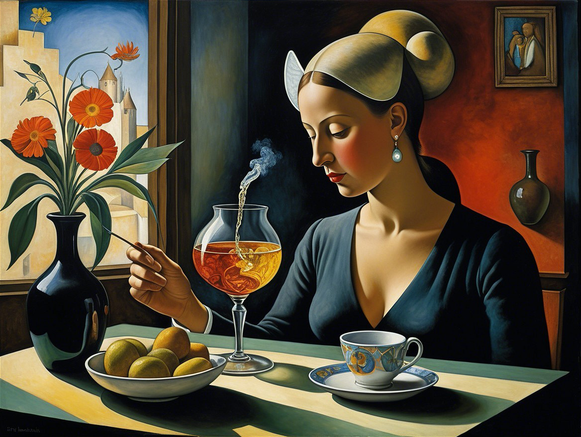 Elegant Still Life of a Woman with Amber Liquid