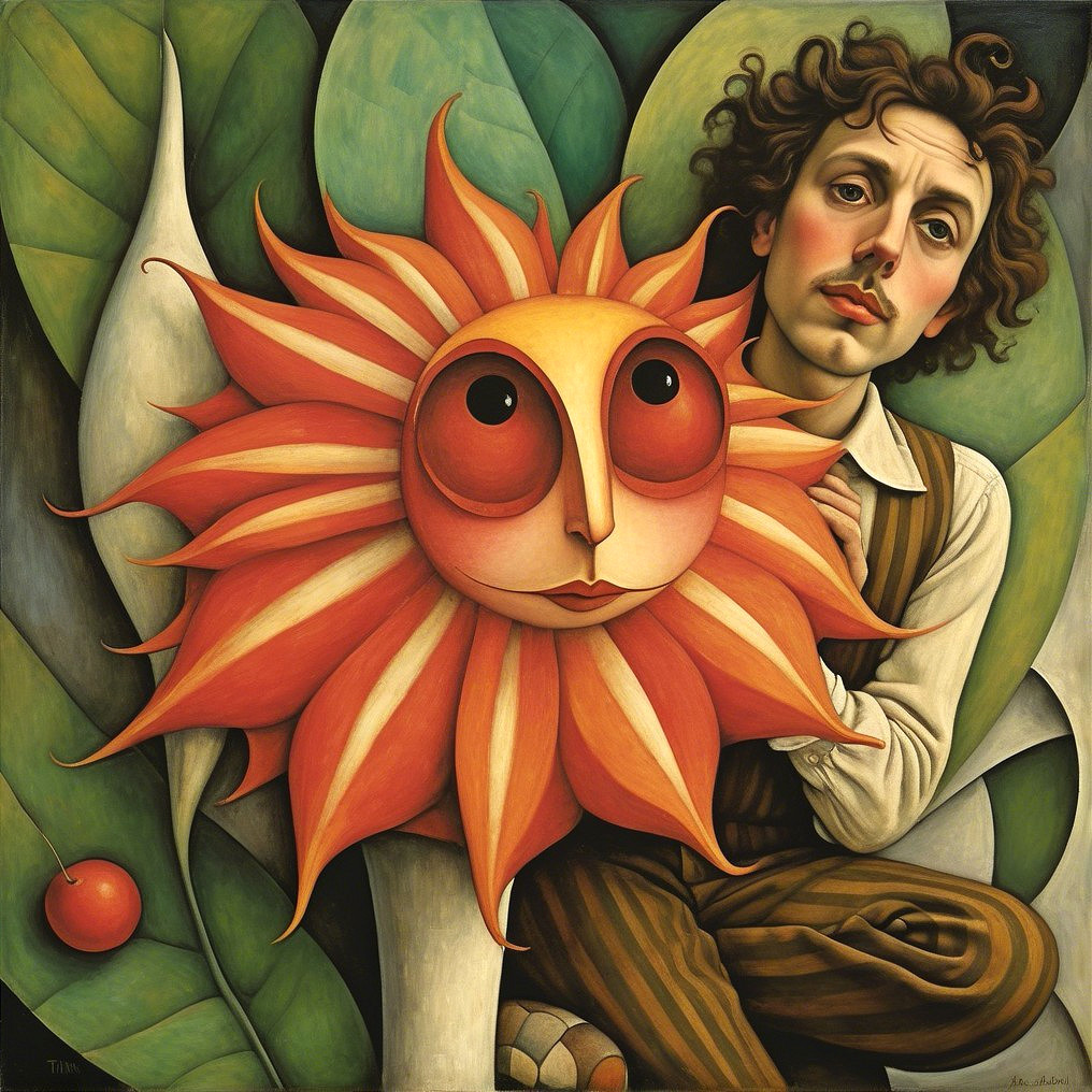 Whimsical Figure Among Green Leaves and Vibrant Sun