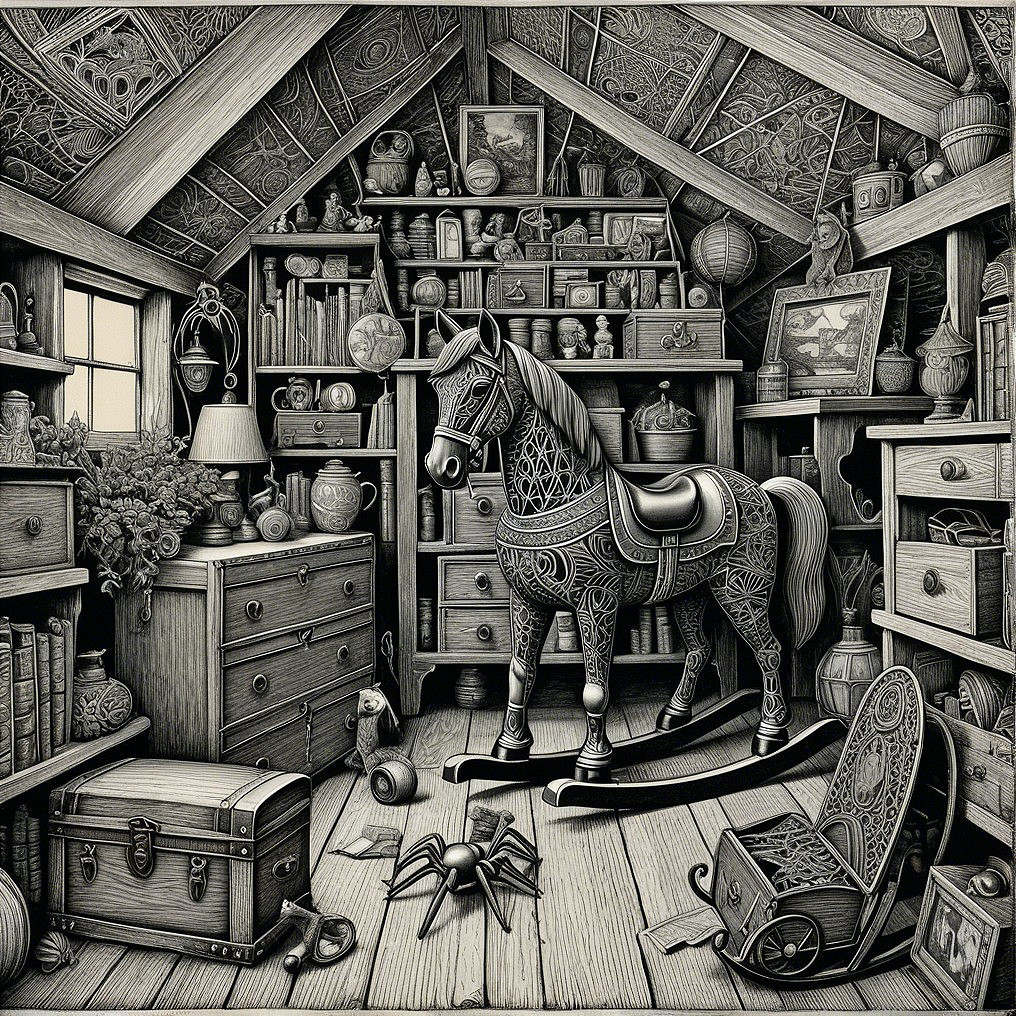 Intricate Black-and-White Attic Illustration Details