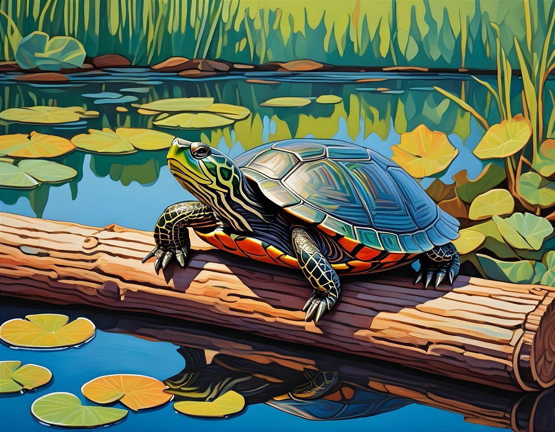 Vibrant Painted Turtle on Log in Serene Pond