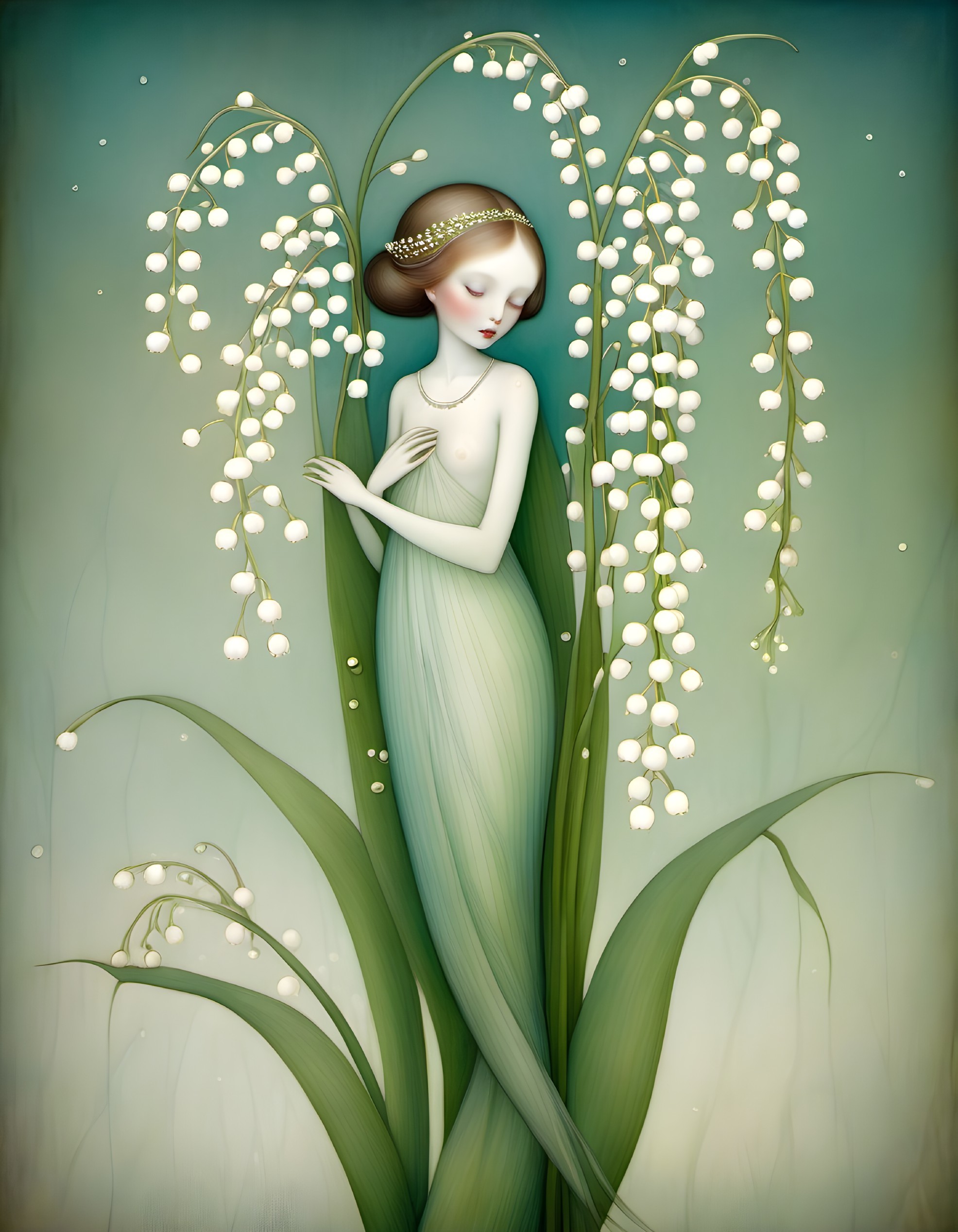 Ethereal Figure Amidst Green Leaves and Flowers