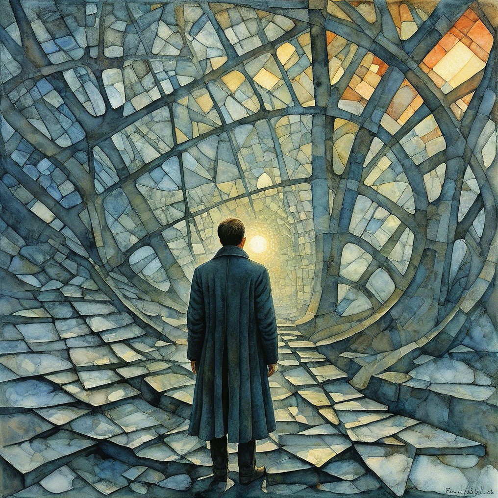 Solitary Figure at Abstract Stained Glass Tunnel Entrance