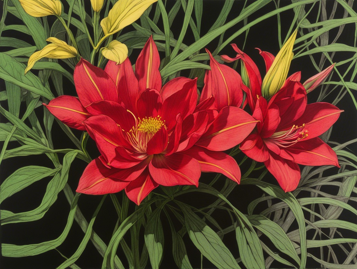 Vibrant Red Flowers with Green Leaves on Dark Background