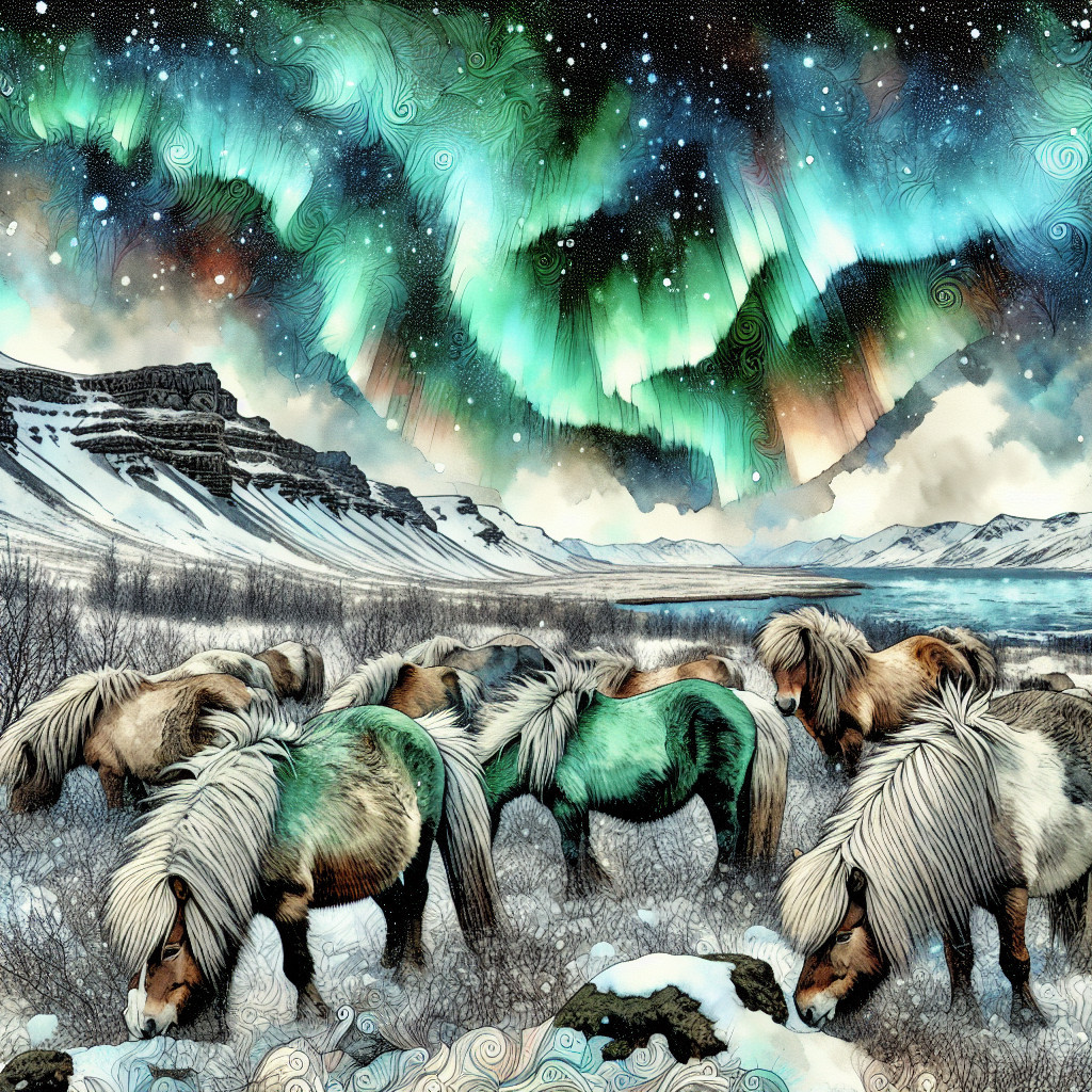 Winter Landscape with Grazing Horses and Auroras
