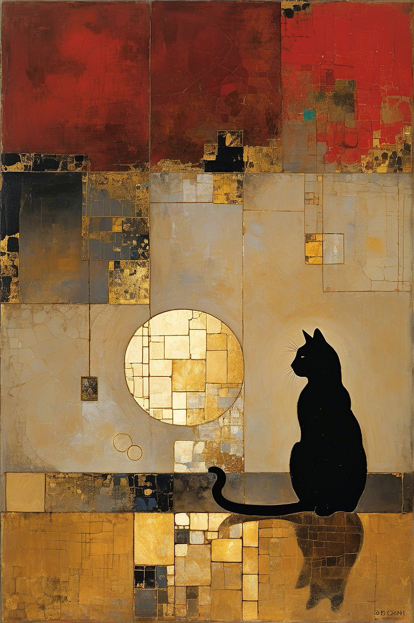 Abstract Artwork with Geometric Shapes and Cat Silhouette