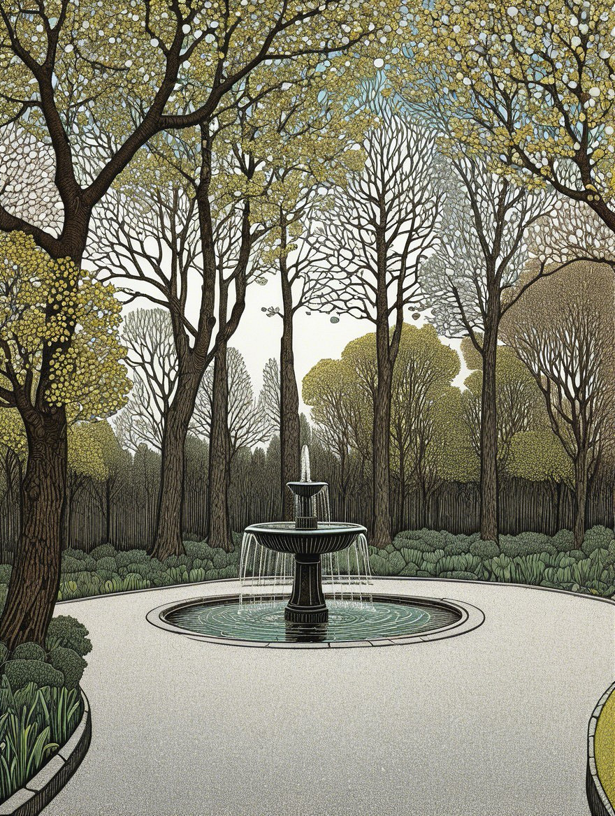 Serene garden scene with a central fountain and greenery