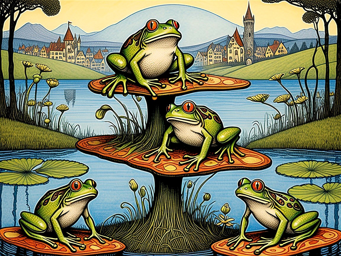 Vibrant Frogs on Colorful Mushrooms Above a Pond