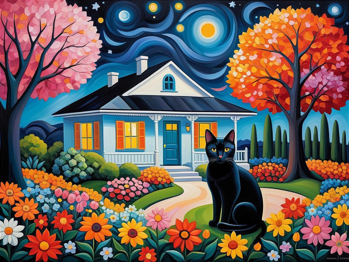 Charming Blue House Amidst Autumn Trees and Night Sky
