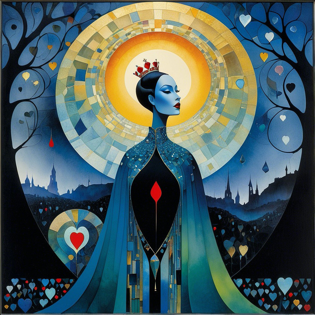 Regal Woman with Crown Against Vibrant Backdrop