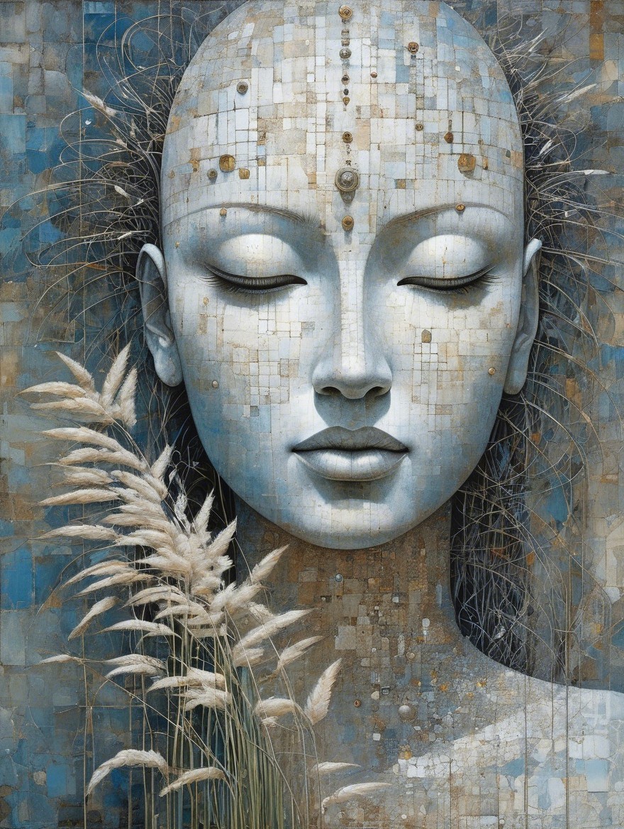 Serene Female Face with Mosaic Patterns and Grasses