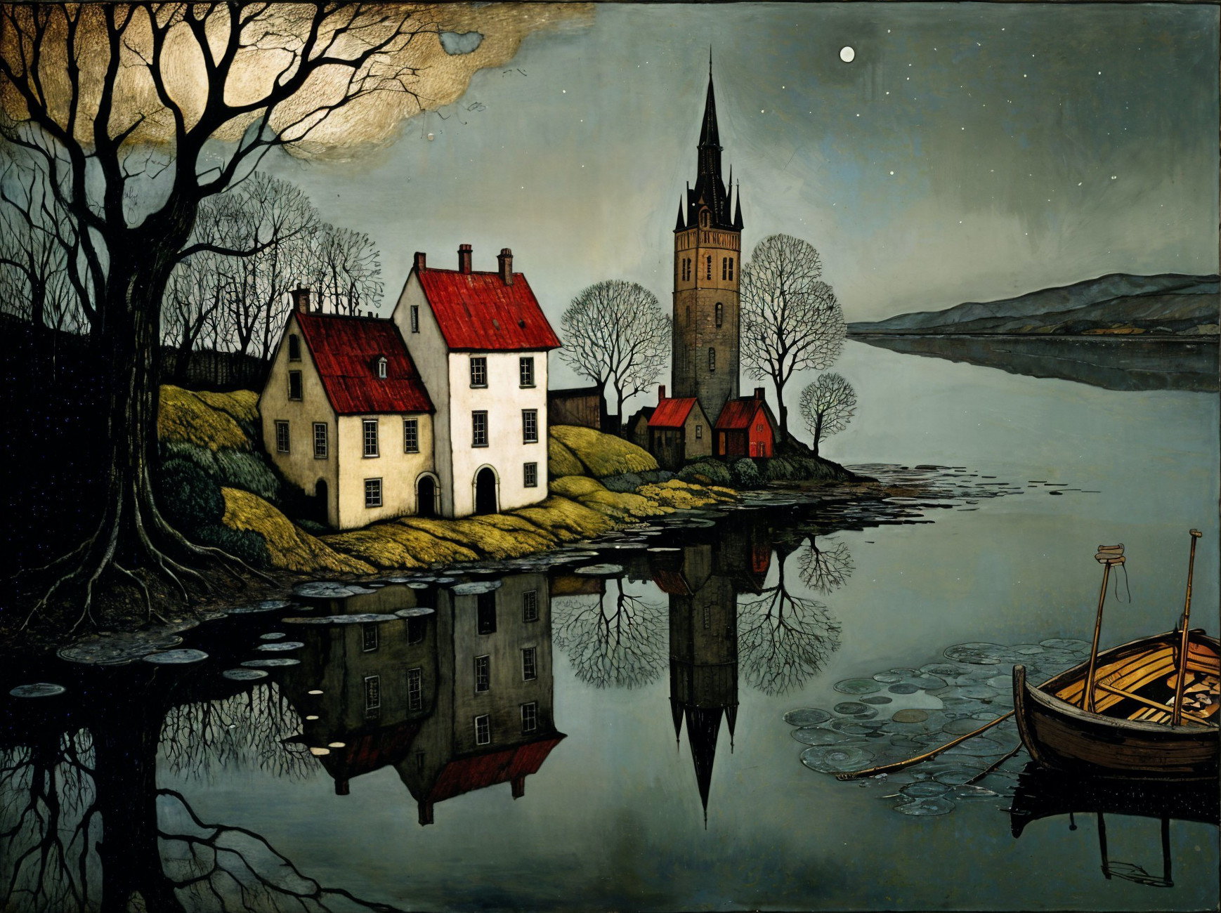 Lakeside Scene with Houses, Church Steeple, and Moonlight