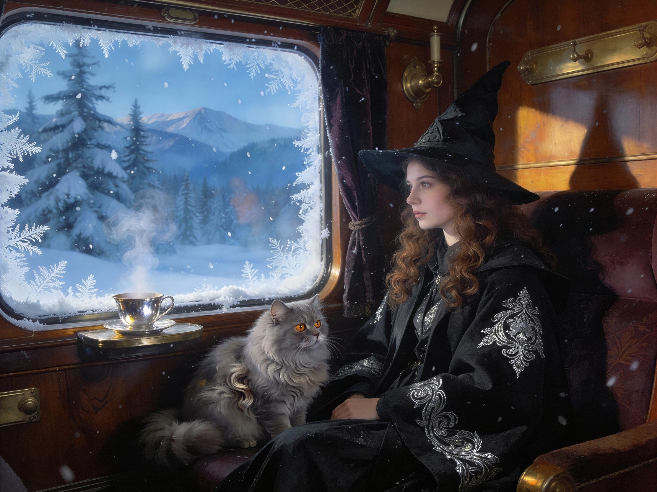 Young Witch on Train with Cat in Snowy Landscape