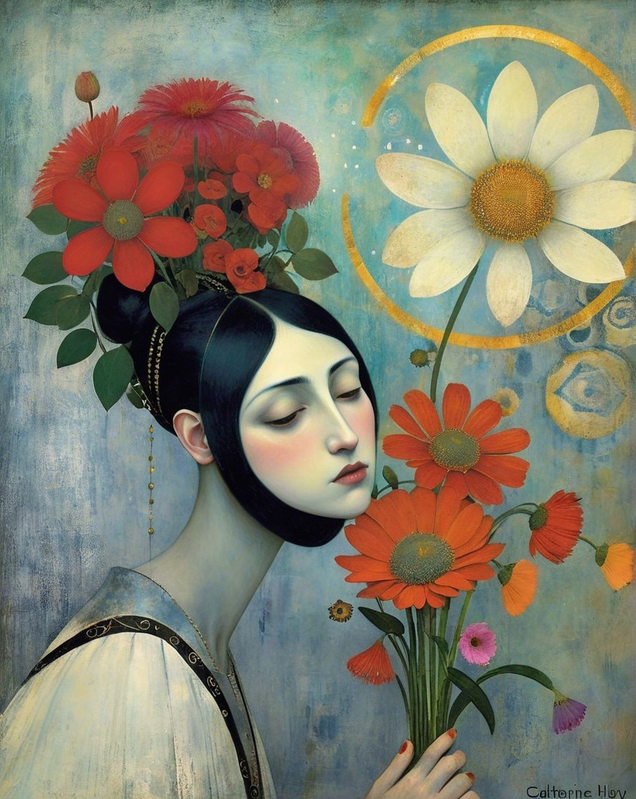 Serene Figure with Flowers and Gentle Expressions