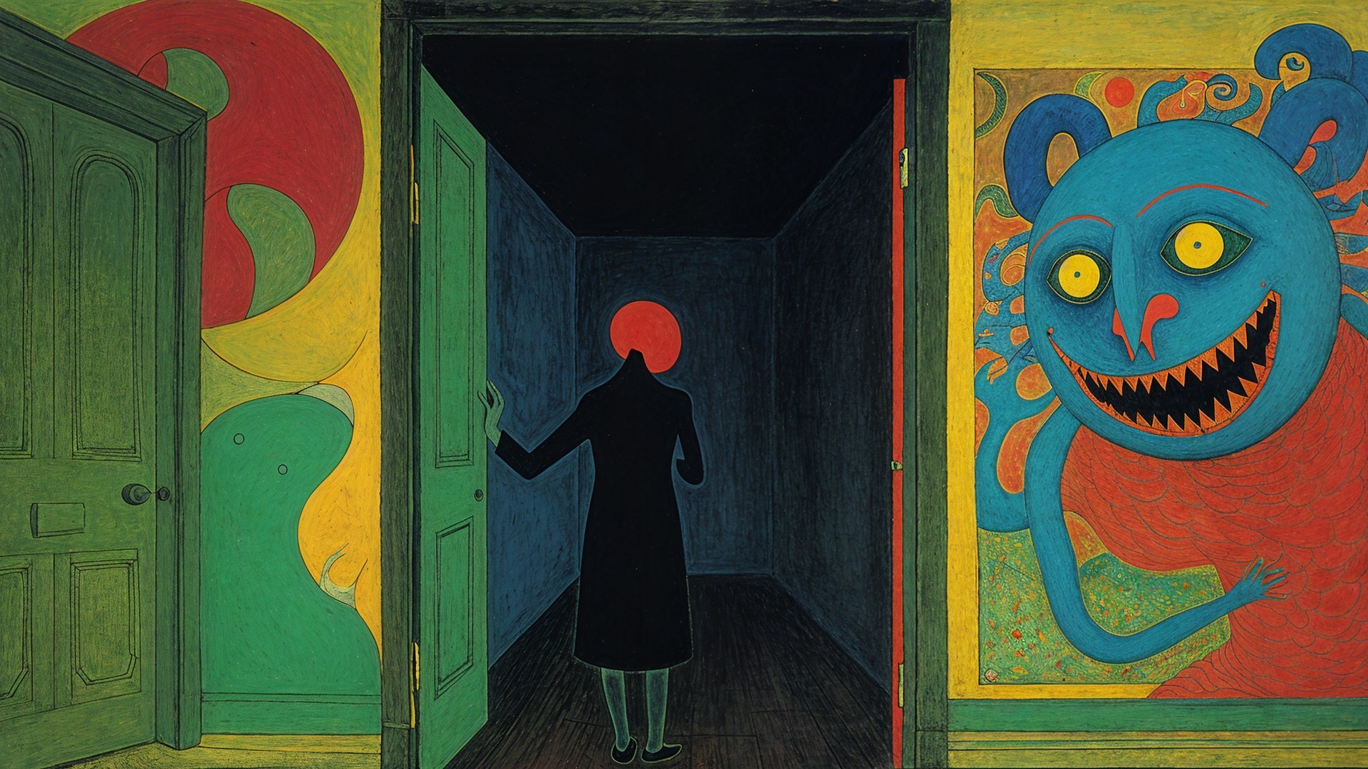 Silhouette at Open Door in Colorful Abstract Hallway