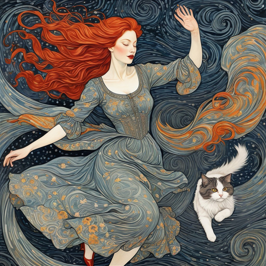 Woman with Red Hair Dancing in Blue Backdrop