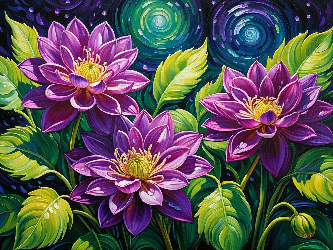 Vibrant Painting of Purple Water Lilies and Night Sky