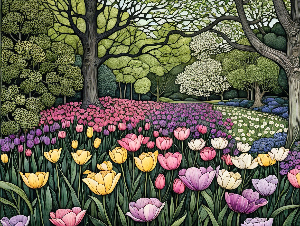 Colorful Tulips in a Lush Garden Landscape