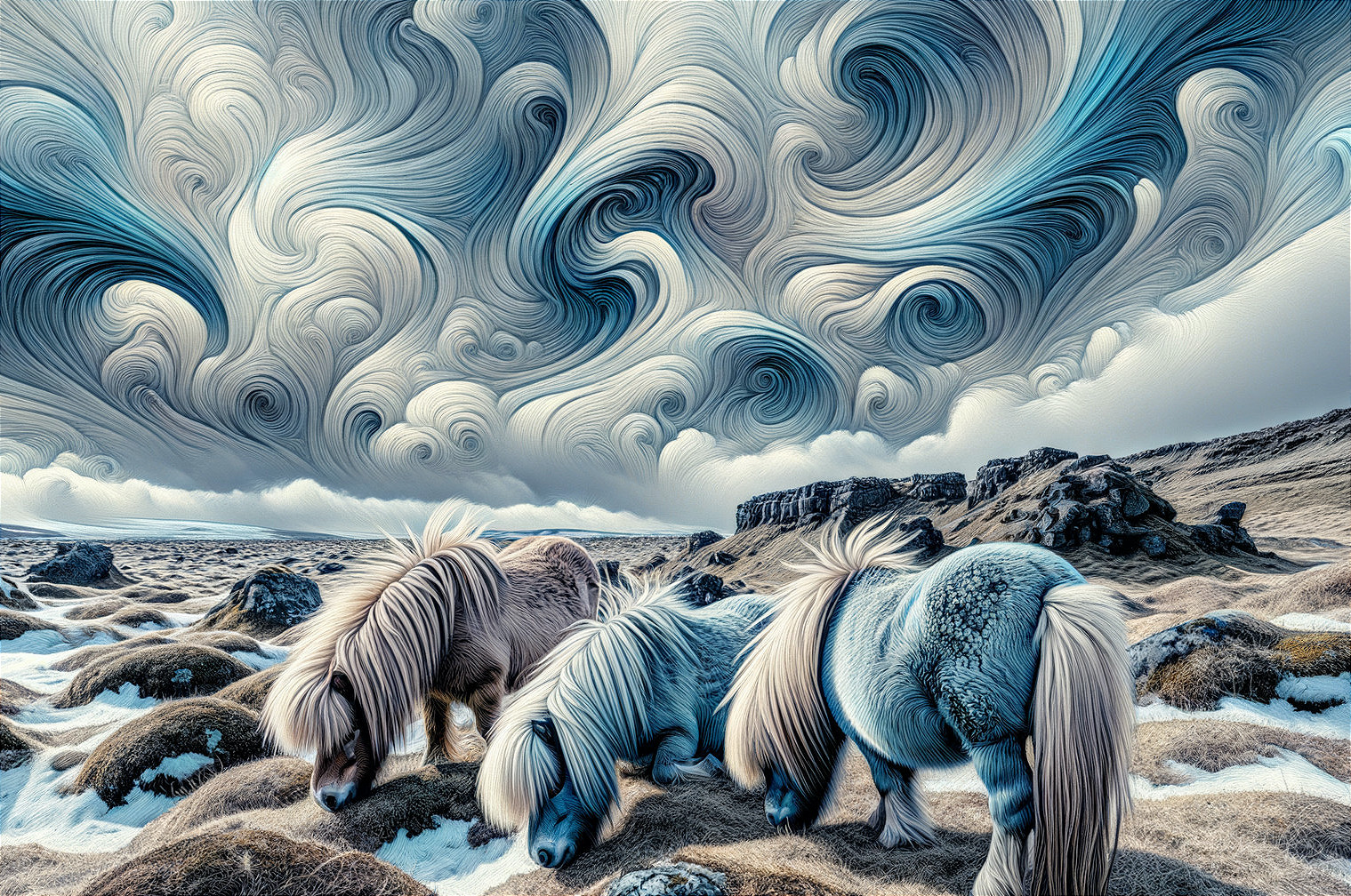 Fluffy Horses Grazing in a Snow-Dusted Landscape