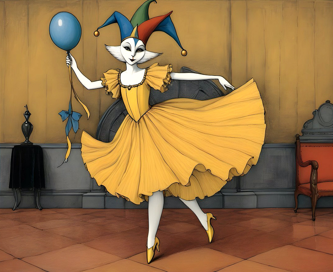 Whimsical Character in Yellow Dress with Balloon
