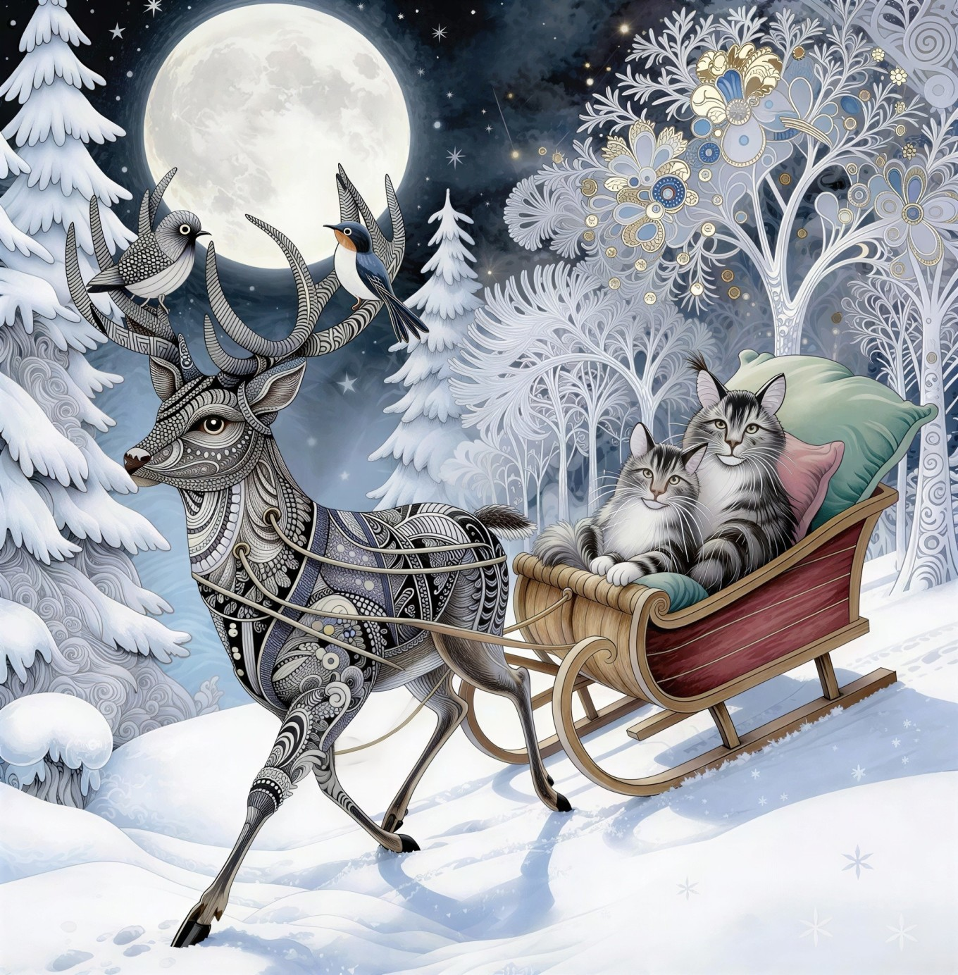 Whimsical Winter Wonderland with Deer and Sleigh Scene