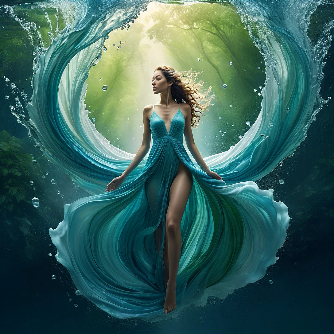Graceful figure in teal dress amidst flowing water