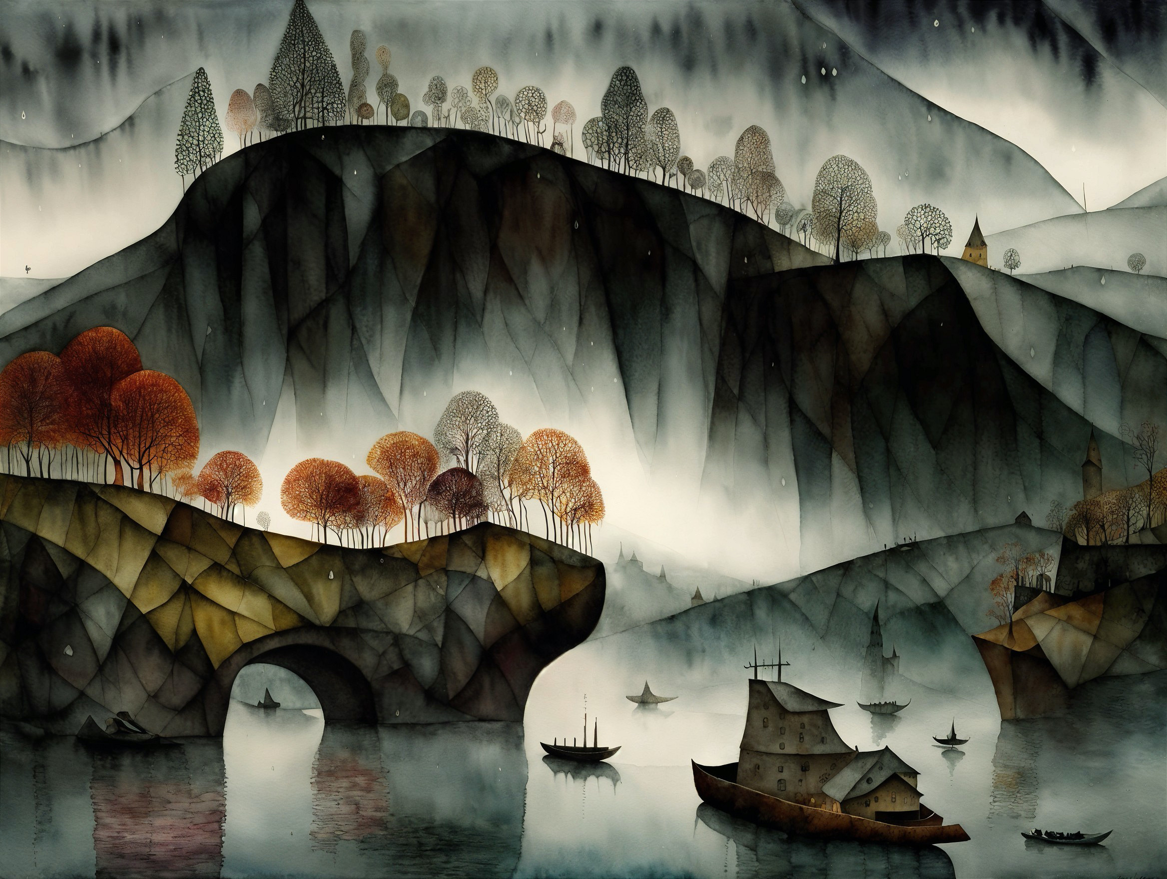 Misty River Through Angular Mountains in Autumn Landscape