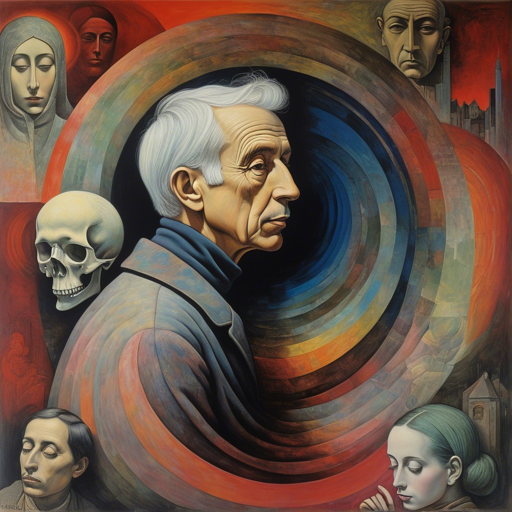 Gray-haired figure amidst abstract colors and faces