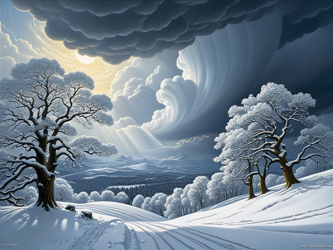 Serene winter landscape with snow-covered hills and trees