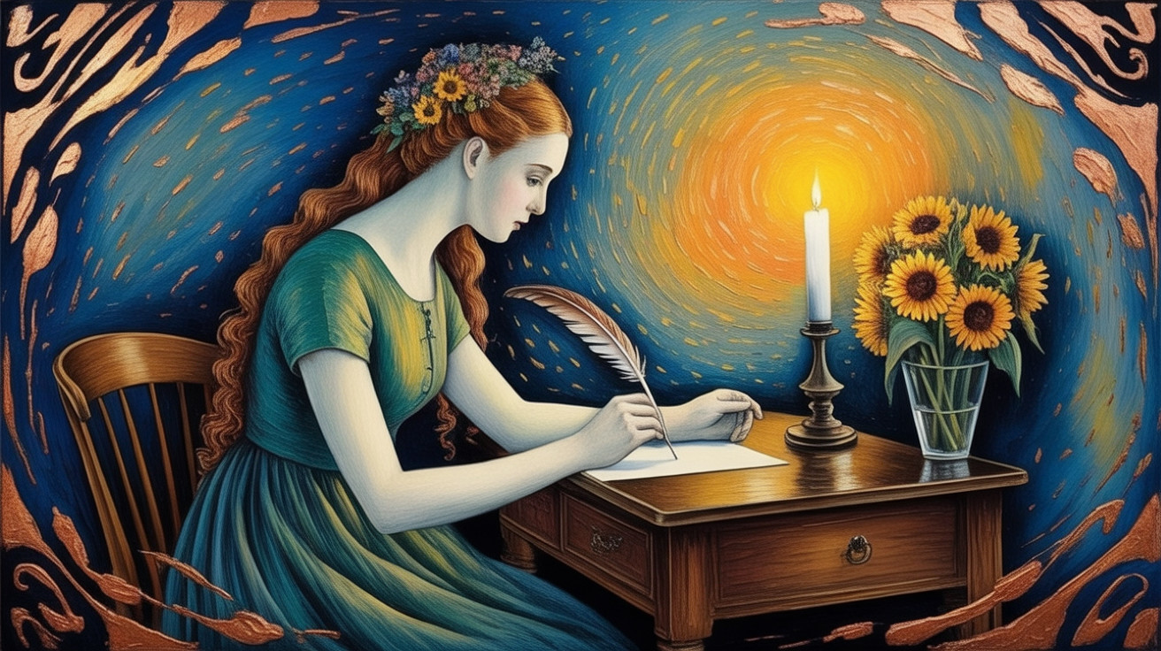 Young woman with red hair writing at a desk