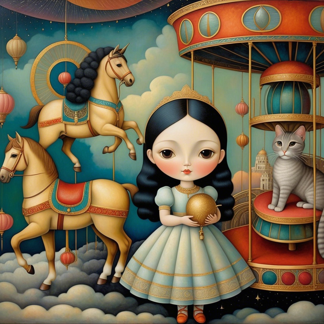 Whimsical Scene with Girl, Carousel Horses, and Balloons