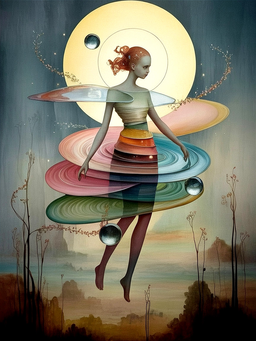 Surreal Figure in Colorful Dress Among Cosmic Elements