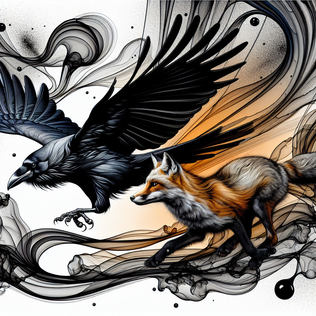 Dynamic Interaction of Fox and Raven in Artwork